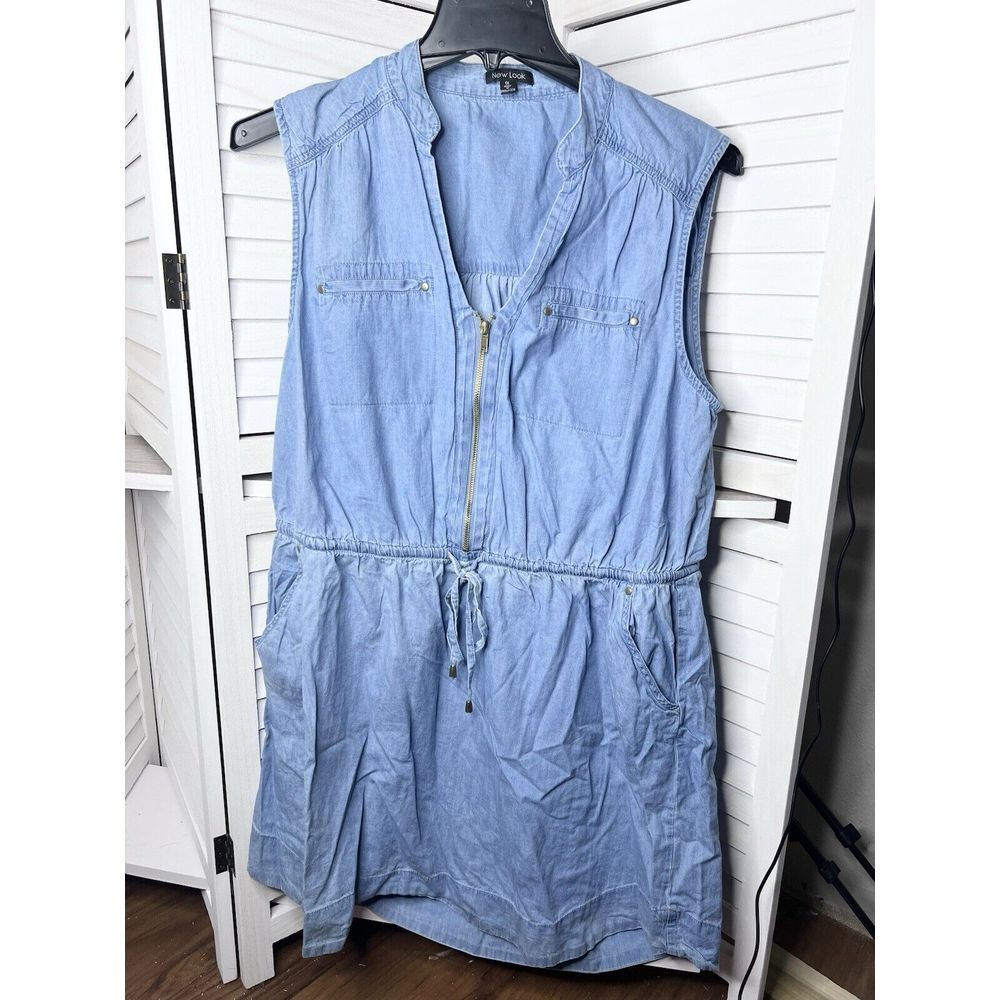 New Look Blue Lightweight Denim Sleeveless Dress 1/2 Zip, Adjustable Waist Sz 1X